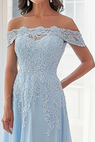 Bleu Ciel Une Ligne Hors Épaule Mousseline De Soie Appliquée Robe Mère De La Mariée